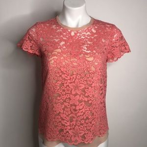 NICOLE MILLER Artelier Rose Pink Lace Short Sleeve Top w/ Silk Underlay Sz Small
